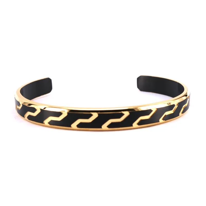 Accept Custom Engrave Logo Hot Sell Black and Gold Two Tone Greek Key Engraved Cuff men Bracelet