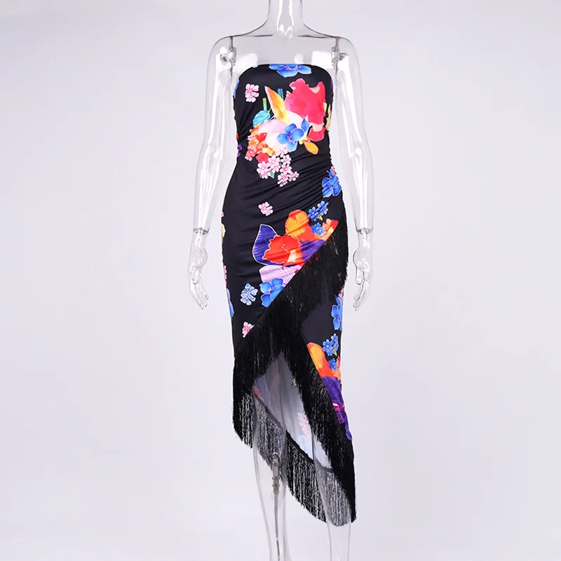 2023 Summer Hot Sale Sexy Party Tassel Dress Off Shoulder Floral Print Bodycon Fringed Slit Wrap Dress Fashion Beach Maxi Dress