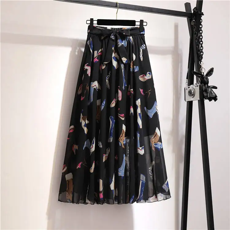 Women Summer Skirts 2022 Vintage Printed Chiffon A-Link Skirt Bow Waist Casual Holiday Beach Midi Skirt Stock