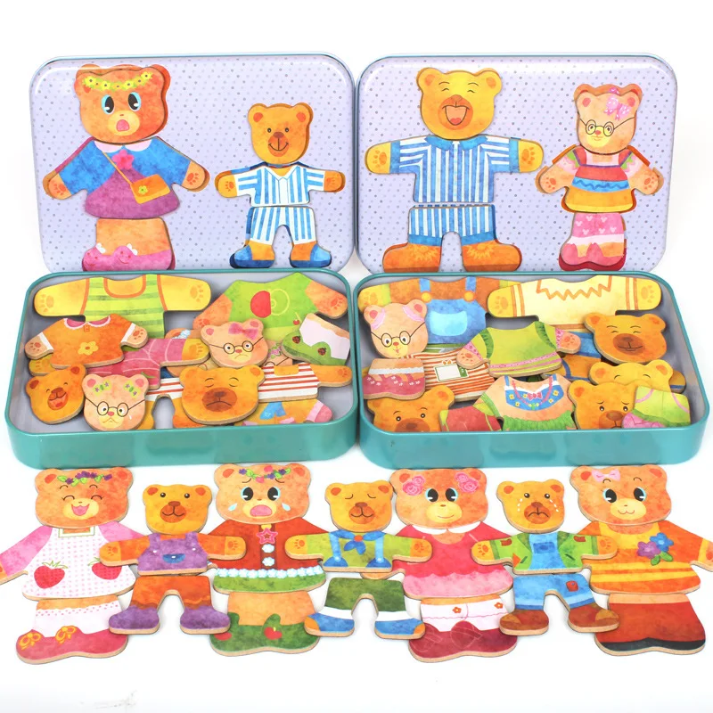 2 Designs  Bear Family Dress- Up Education  Matching Clothes Montessori Wooden Puzzle  jigsaw Magnetic Iron Metal Box toy