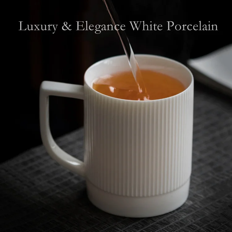Wholesale Unique Striped Jade White Ceramic Tea Latte Coffee 11oz Porcelain Cup Luxury