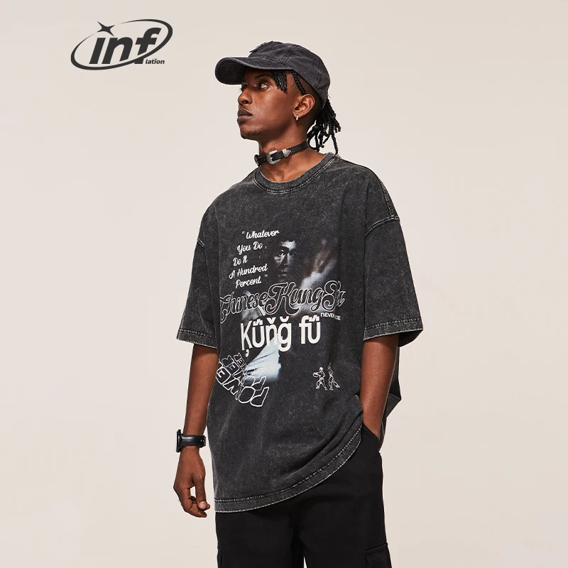 INFLATION Washing Lee Kongfu Printed Tshirt Heavyweight Custom Oversize Men Street T-shirt