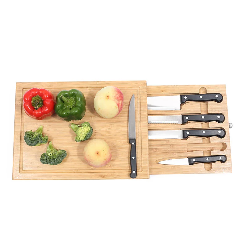 bamboo countertop cutting chopping board with built in attached knives kitchen knife set insert