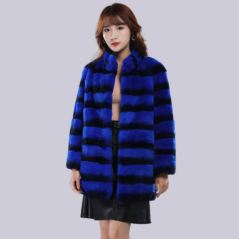 2021 new design products Chinchilla color Rex Rabbit Fur Coat for Fashion Women royal blue rex rabbit fur coat stand up collar