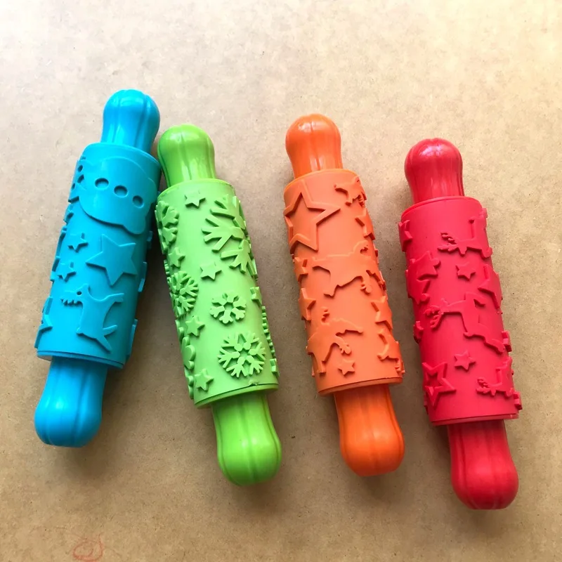 Christmas Patterned Rolling Pin Multi color Paint & Clay Textured Rollers play dough tools For Children  Sensory Play