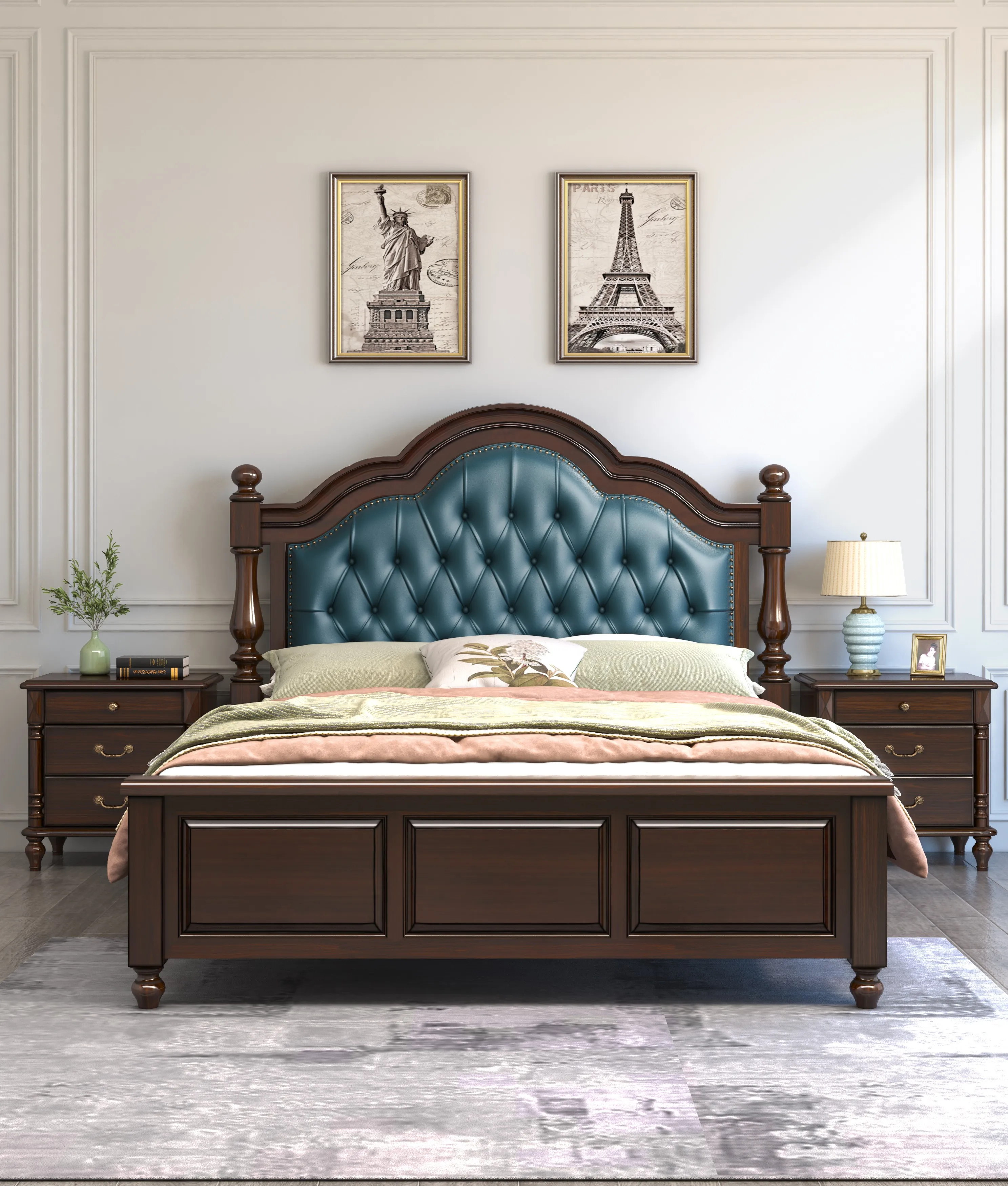 Cowhide Leather Solid Wood King Size Beds Queen Size Wooden Bedroom Furniture Classic Home Storage 1.8m Bed Set