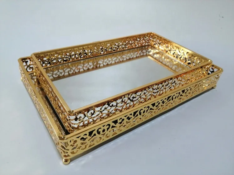 Gold Serving Vintage Mirror Arab Tea Tray Mirror Tray Oval  Design Home Decor Coffee Cup Storage Tray