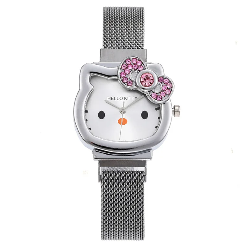 Silver Gold Kids Net Strap Watch Student Cartoon KT Cat Girl Quartz Watch Magnet Watch