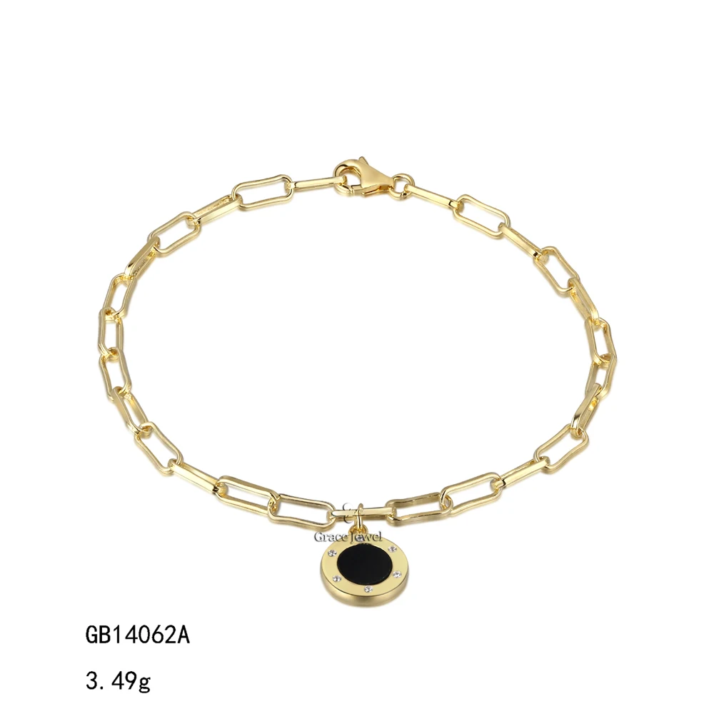 Grace Jewelry Gold Plated 925 Silver Elegant Black Onyx Square Shape Chain Bracelet Earrings Jewelry Set