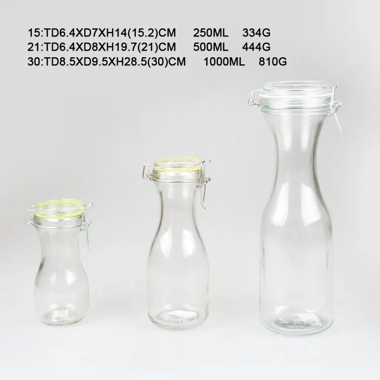 New Design 8oz 16oz 35oz Glass Bottle With Metal Clip for Water Milk Juice