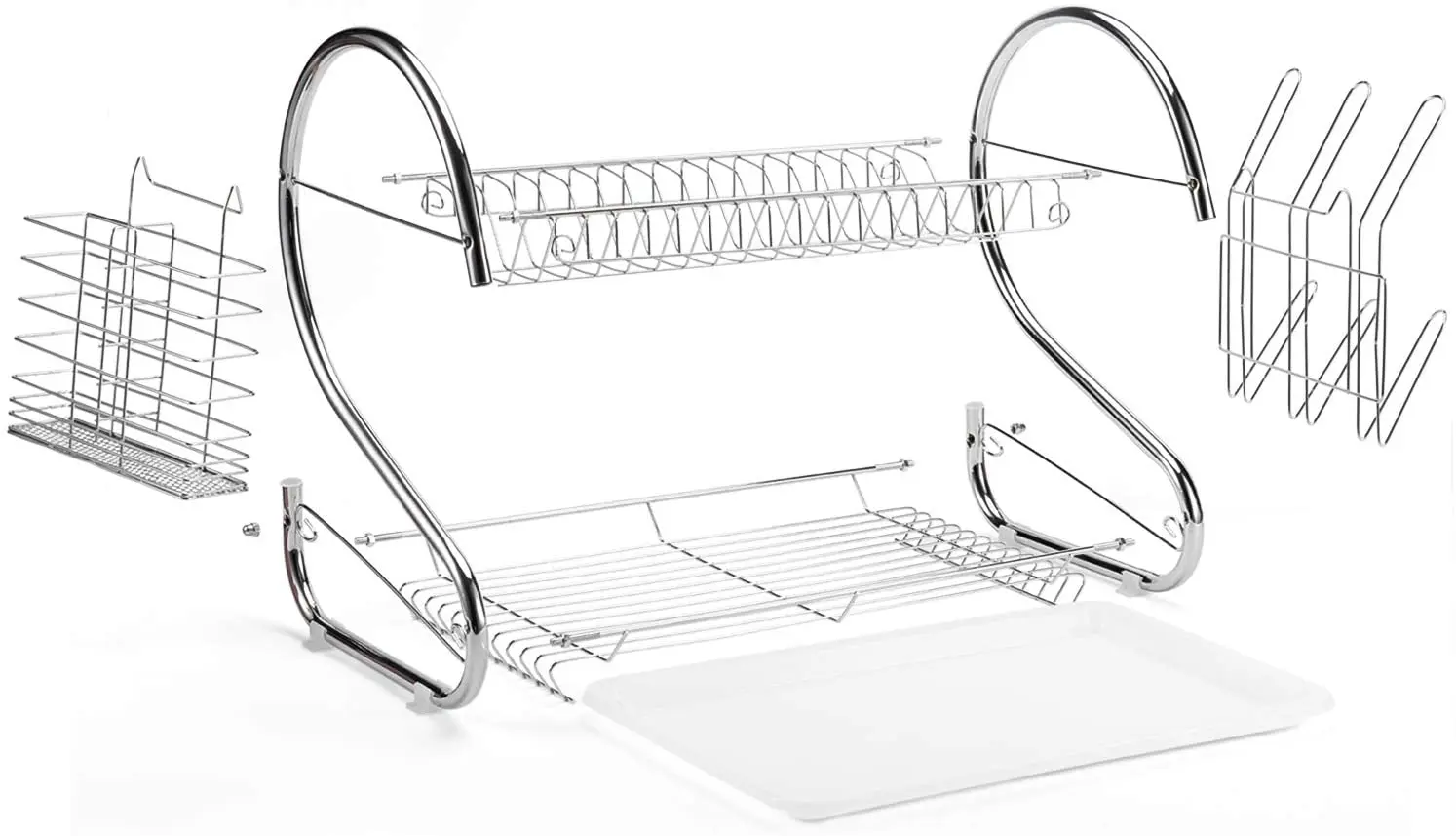 2-Tier Full Sized Dish Drying Rack with Utensil Holder and Cup Holder with Dish Water Drain Board Tray Rustproof Chrome Plating