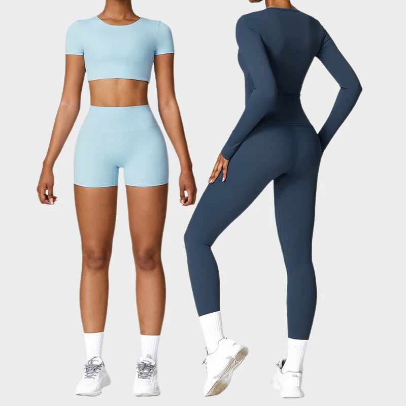 Women 4 Piece Activewear Sets Custom sleeve shorts bra Yoga Outfit suit Workout Clothing Sportswear Female Gym Fitness leggings