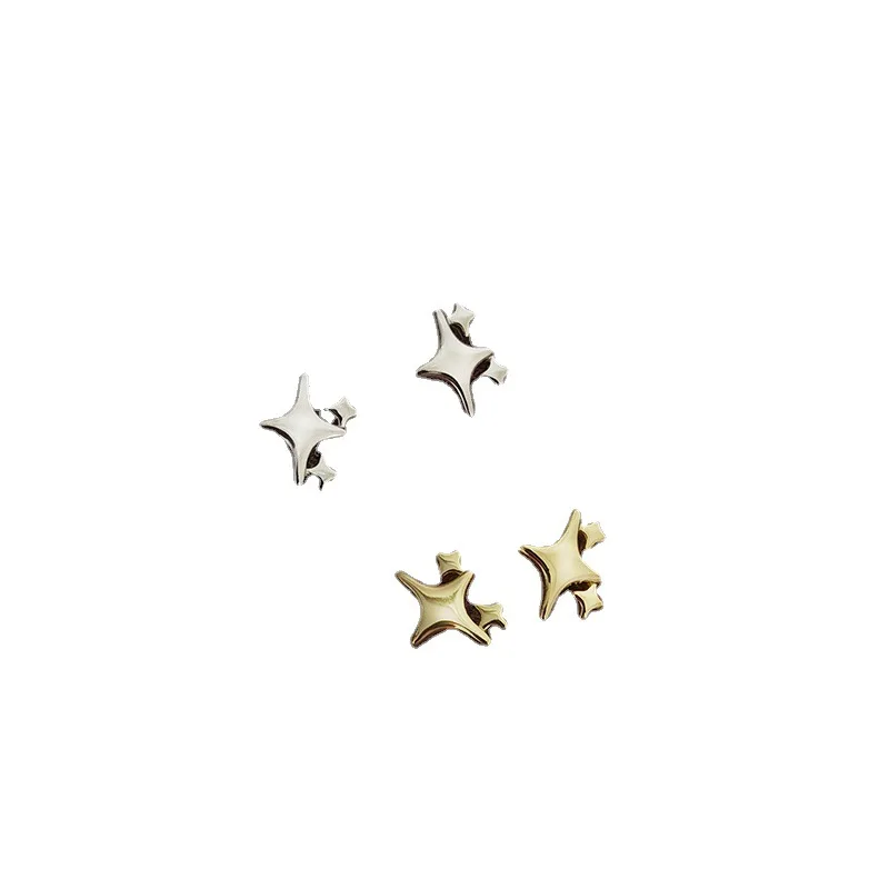 S925 Sterling Silver Female Earrings Small Fresh Smooth Four-Corner Star Design Trendy Japanese Korean Style Simple Temptation