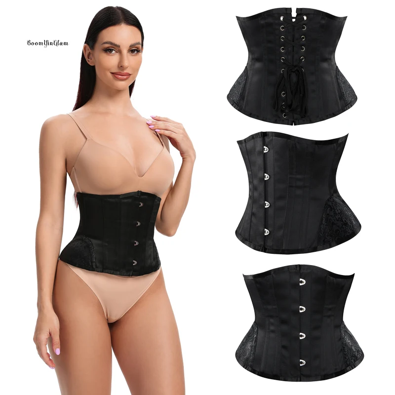 new 14 steel bones 4 Buckles underbust Slimming Short Torso fajas Satin Cupless Bustier floral lace up corsets top XXS to 6XL