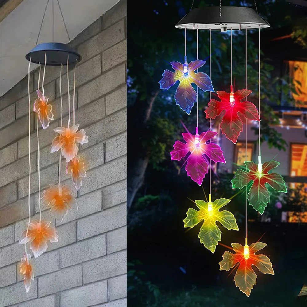 LED Mobile Solar Wind Chimes Color-Changing Maple Leaf Design Made of Durable Plastic