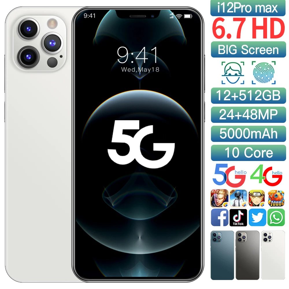 I12 Pro Max 6 7 дюйма 12 ГБ 512 Android смартфон 10-ядерный 5 г пусть телефонный 3 камера MTK6889 face ID Разблокировка мобильного