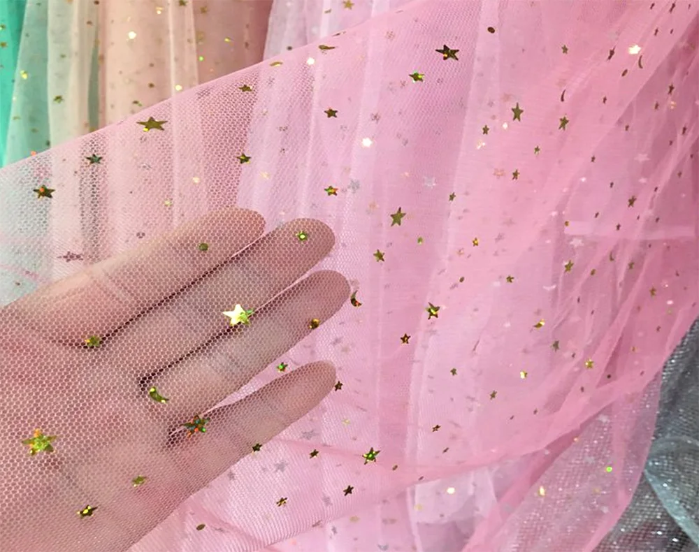 Hot selling wholesale high quality 50D 100% polyester printed fabric star mesh fabric Vietnam market wedding dress fabric