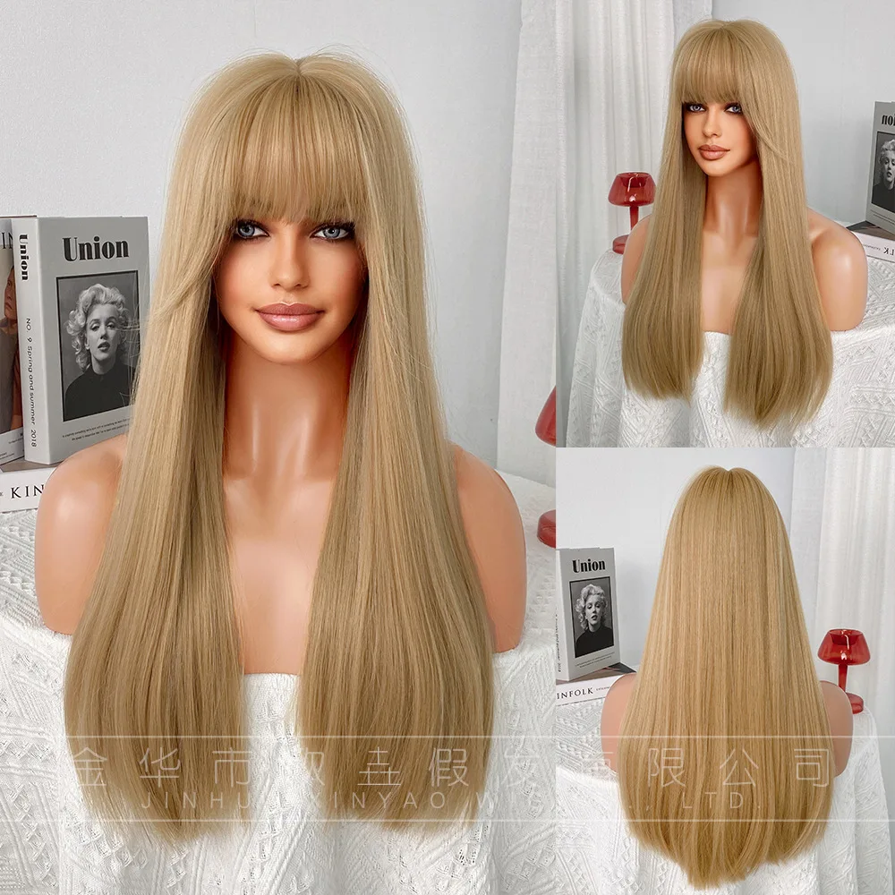 2023 Hot Style European and American wig long hair blond 22INCH bangs long hair chemical fiber head set wholesale