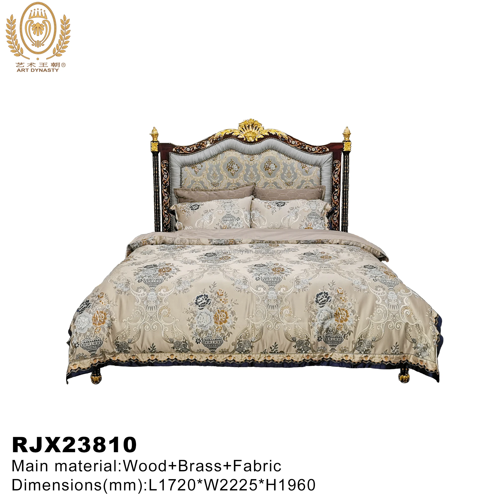 European Elegant Style Furniture 1.8meters Solid Wood Bed Luxurious Twin-bed for Villa for Hotel Brass with Wooden Brown Ni ple