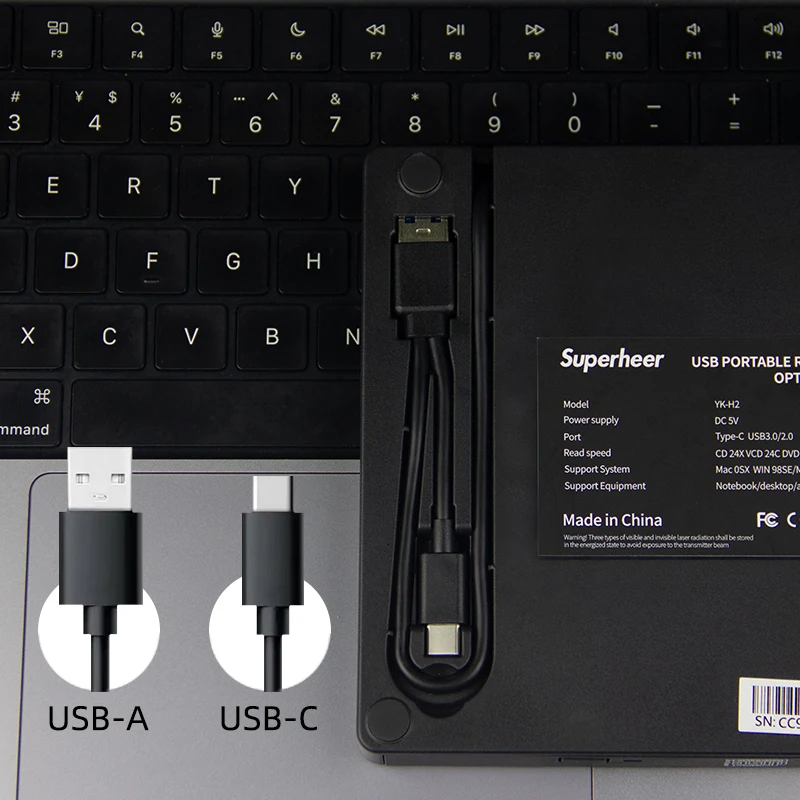 Superheer USB External Portable DVD Burner CD RW Reader Player for Windows Mac Laptop Style Error Support Tray Desktop Mode