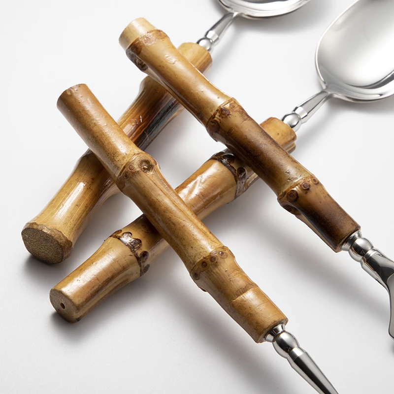 Wholesale Home Mirror Polished 304 Silver Spoons Forks And Knives Original Bamboo Cutlery Set