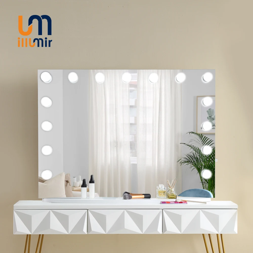ILLUMIR HD Hollywood Style Mirror Large Aluminum Framed Led Lighted Table Vanity with 15 Light Bulbs for Girl Vanity Cosmetic