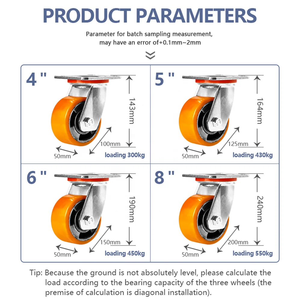 Industrial Caster Wheels 4 / 5 / 6 / 8 Inch Heavy Duty Aluminium PU Casters with Brake