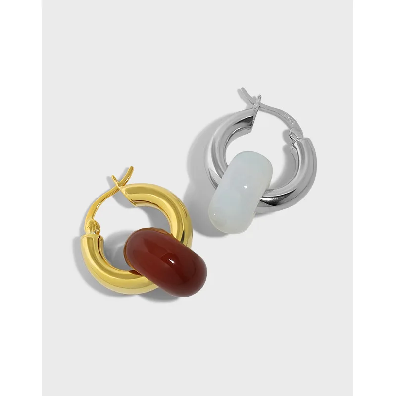 Sterling Silver 925 Jade Design Hoop Earrings Dangle Earring For Women
