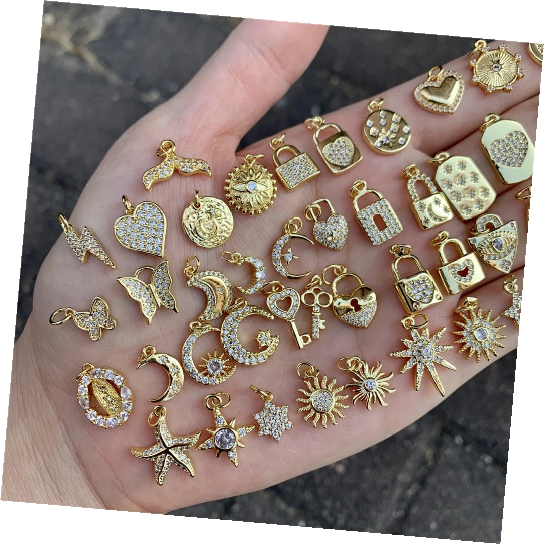 Mini 18k Gold Small Clear CZ Heart Star Moon Crescent Charm,Tiny Minimal Zircon Cubic Zirconia Crab Animal Charms