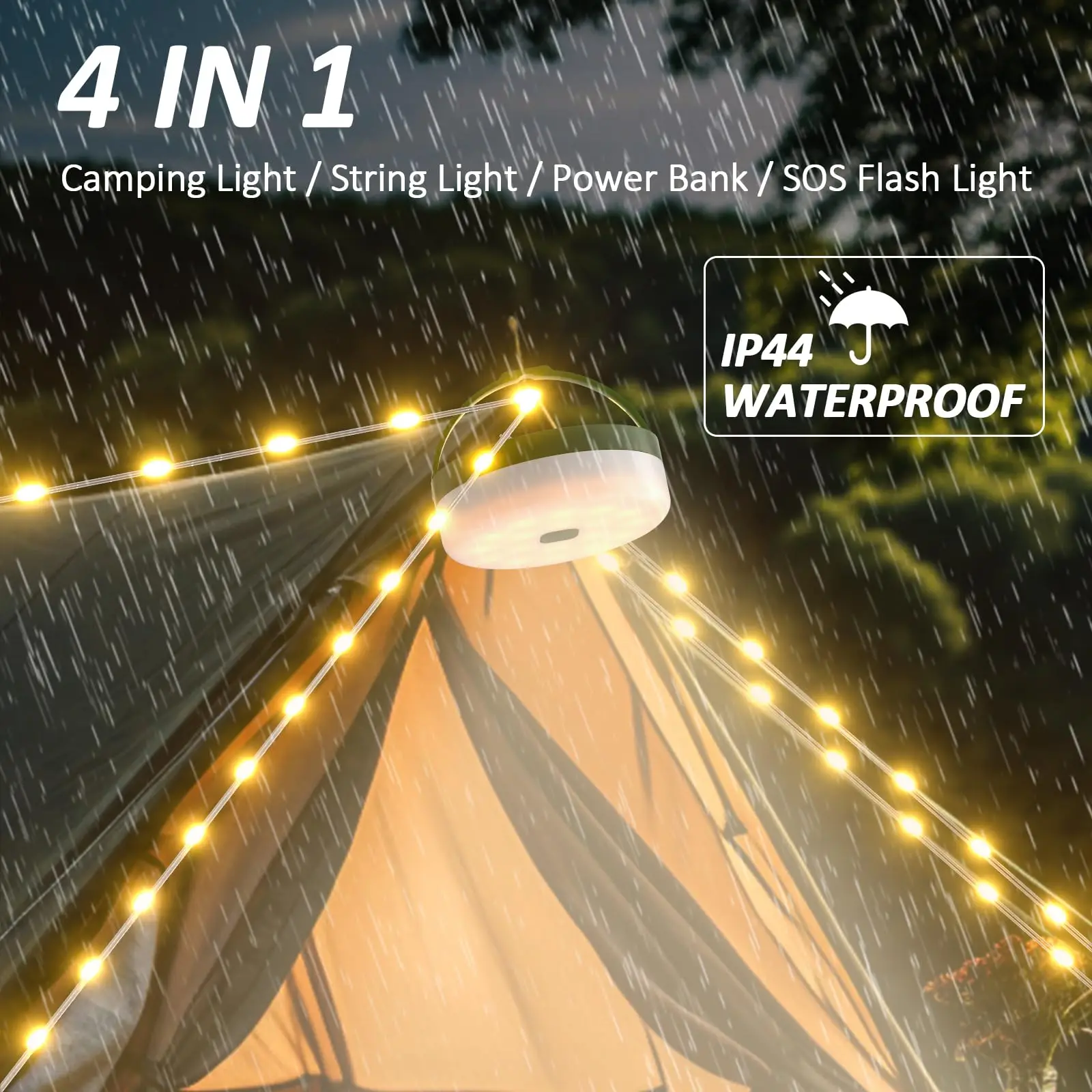 Emergency 4 in 1 rechargeable solar waterproof camping lamp string light SOS flash light power bank handle
