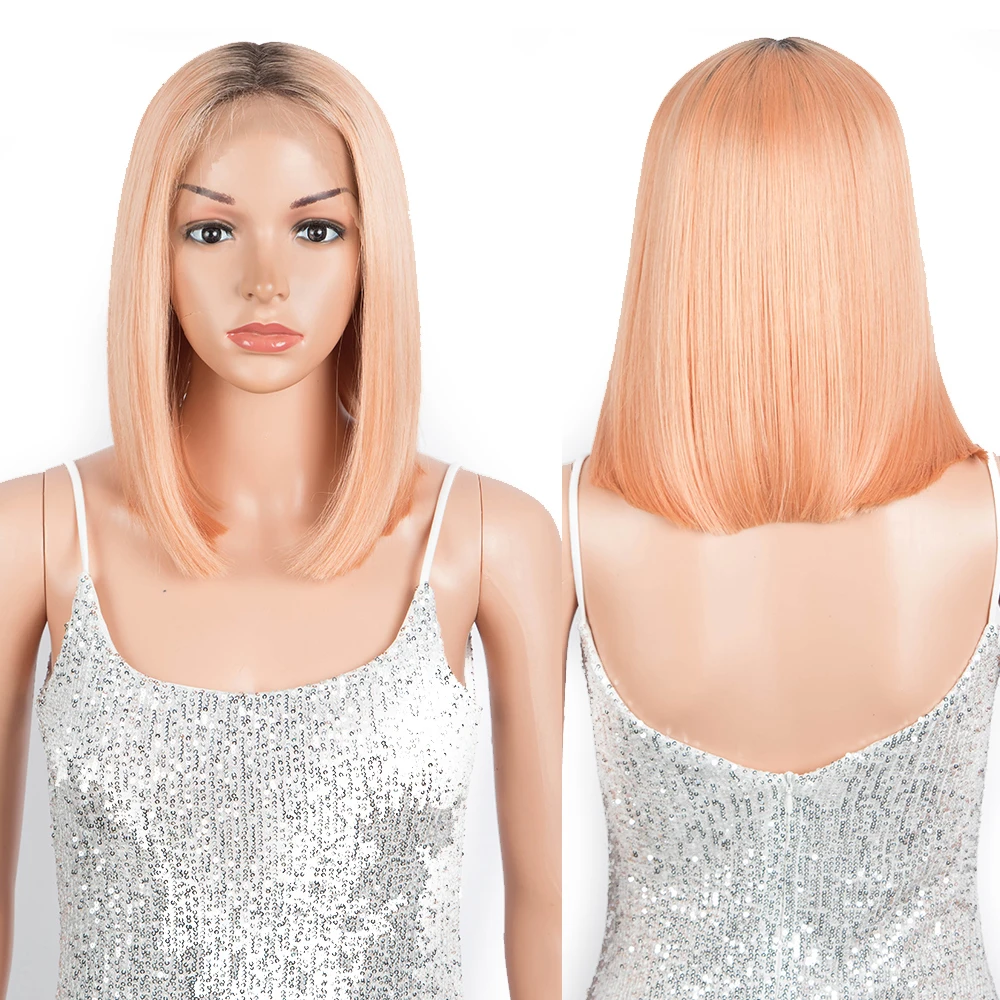 Summer hot selling Top grade heat resistant 14 inch straight light orange blonde color straight bob synthetic lace front wigs