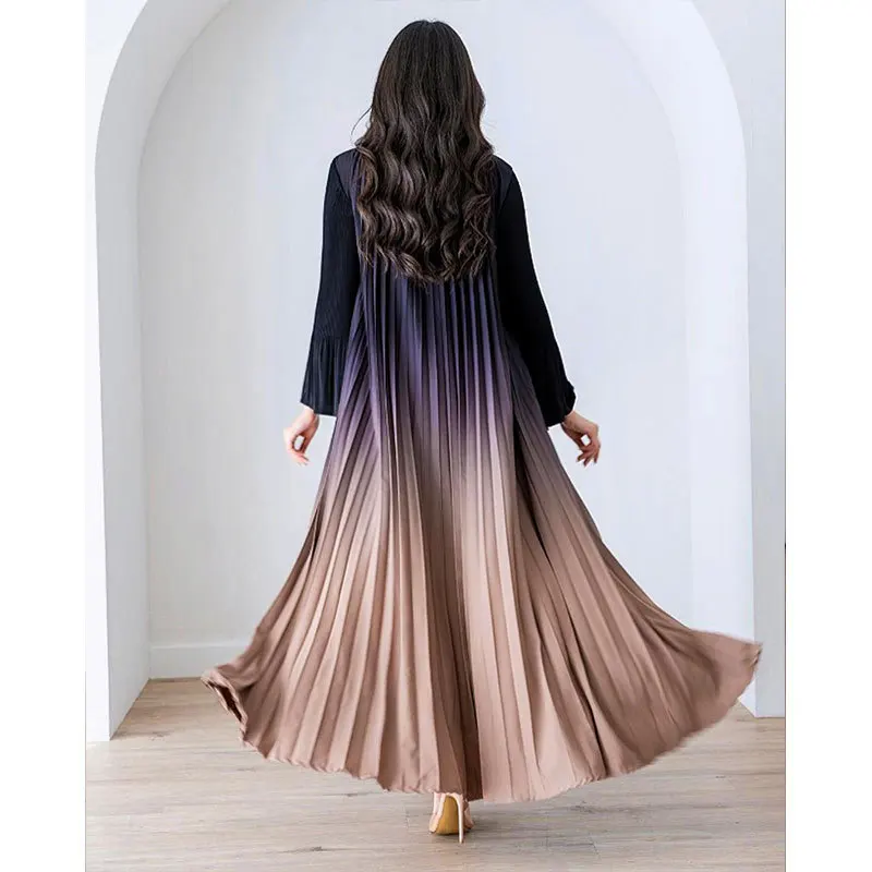 New Long Pleated Horn Sleeve Gradient Color Cardigan Muslim Oversized Skirt