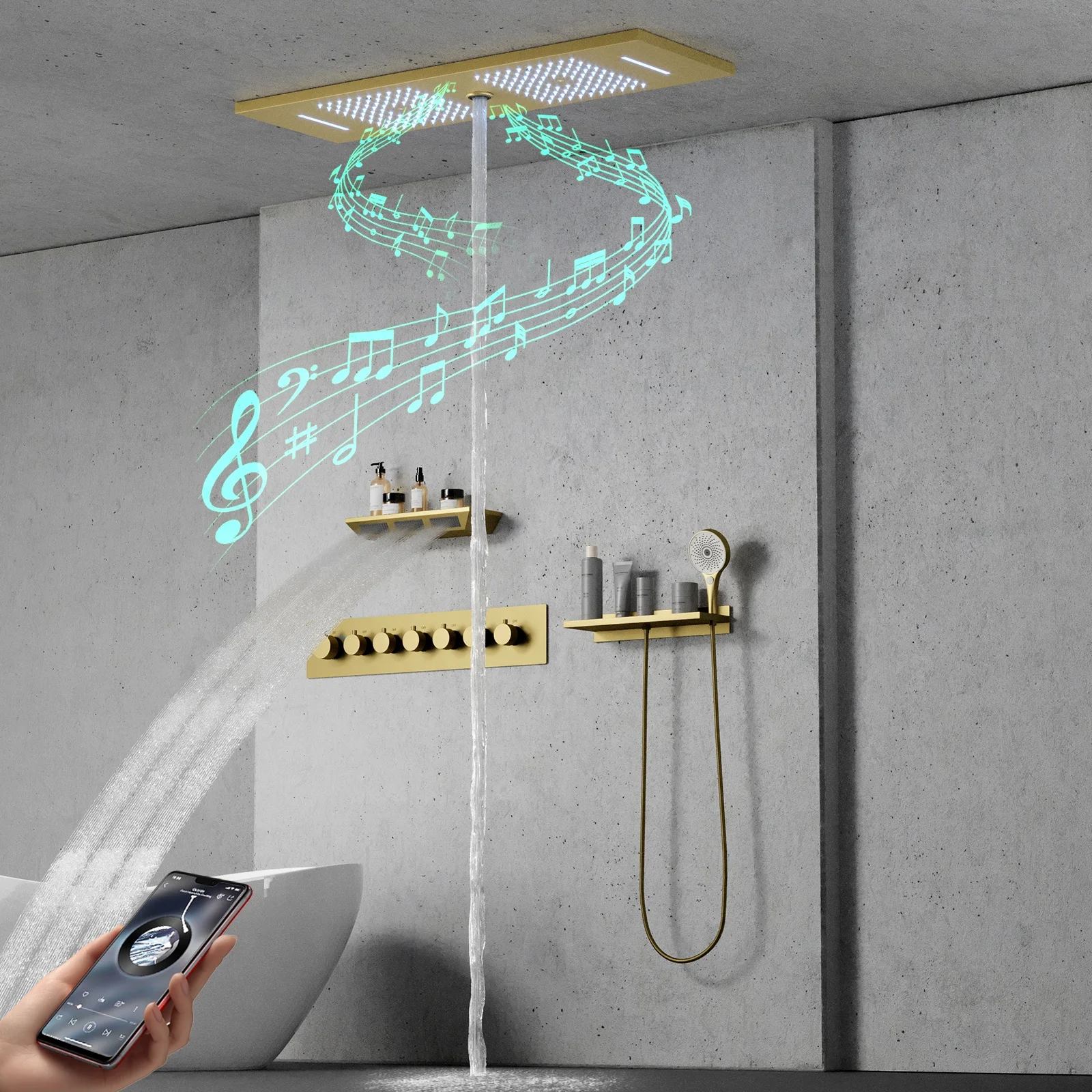 Bathroom 36*12inch LED Big Ceiling Shower Head Brushed Gold Shower System Thermostatic Shower Faucet Set With Music Speakers