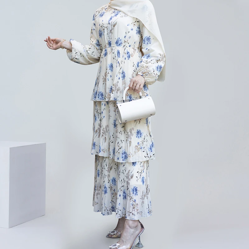 2023 Latest islamic women clothes modest dress long sleeve printed chiffon three layer muslim women dress