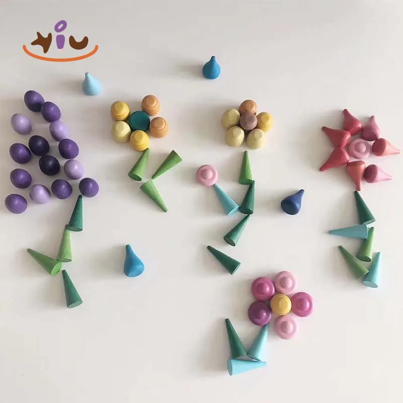 KIU Colorful Building Blocks Wooden Rainbow Stacking Toys Construction Particle Rainbow Stacking Cones