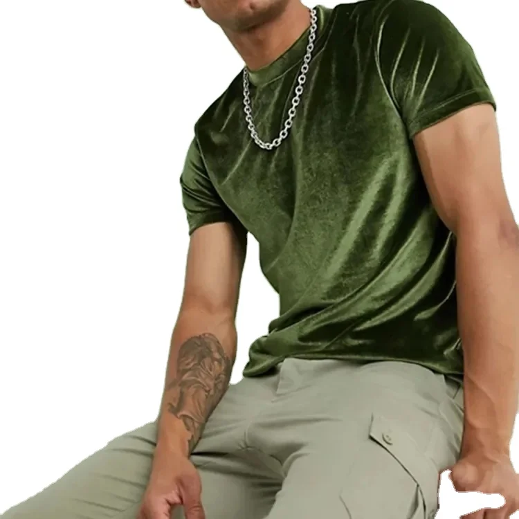 Wholesale Cheap Plain Green Velour T Shirt Velvet Men T Shirts