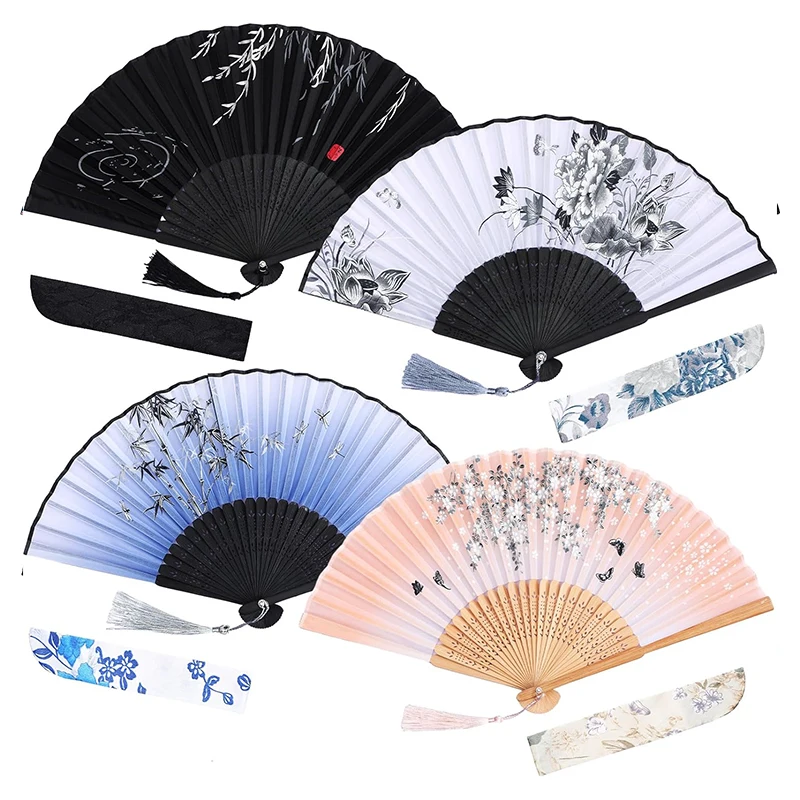 Hand-Held Silk Bamboo Flower Folding Fan Hollowed-Out Belly Fabric Set in Bright Colors for Wedding Decoration Ladies Gift