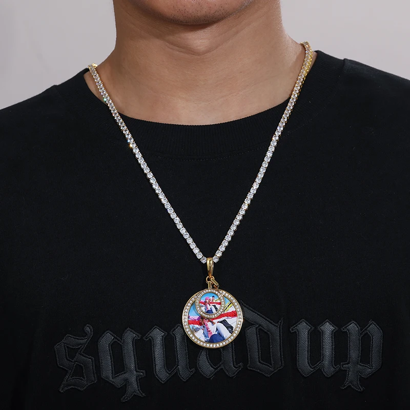Fancy Design Iced Out Size Circle Picture Pendant Lovers Gift Memorial Photo Frame Pendant Necklace