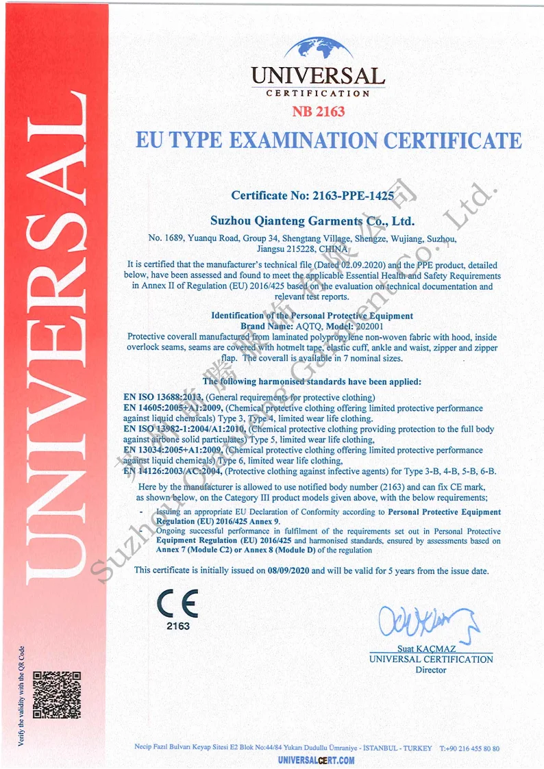 
PPE Overall CE Type 3 4 5 6 CAT III EN 14126 Isolation Coverall Disposable Hazmat Suit with Boot Cover 