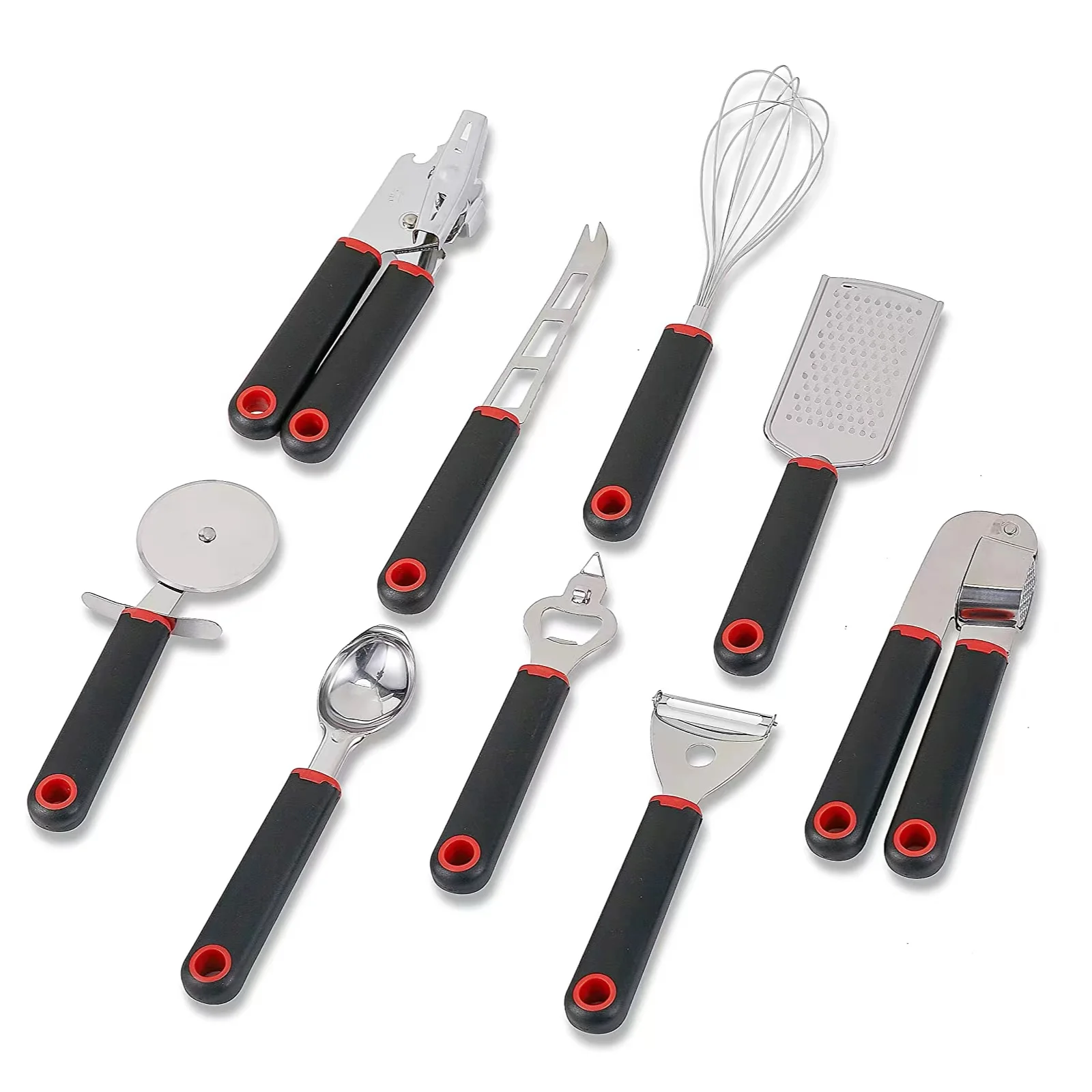 Custom Logo Stainless Steel Kitchen Gadget Set 9 pcs with Fruits Peeler Can Opener Durable Pizza Cutter Ice Cream Scoop