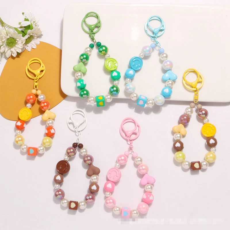 Mengda Double face smile beaded chain keychain pendant Creative paint lobster buckle accessories bag headphone sleeve decoration