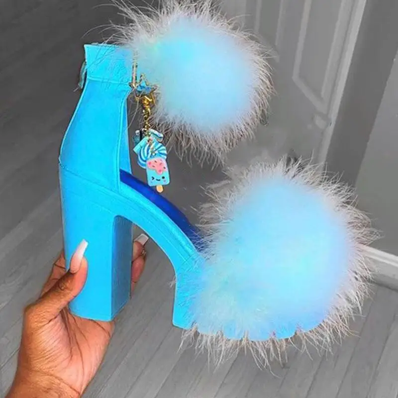 
2020 Hot Sale ladies high heel shoes summer fashion fur sandals Plush slides Platform high heels for women 