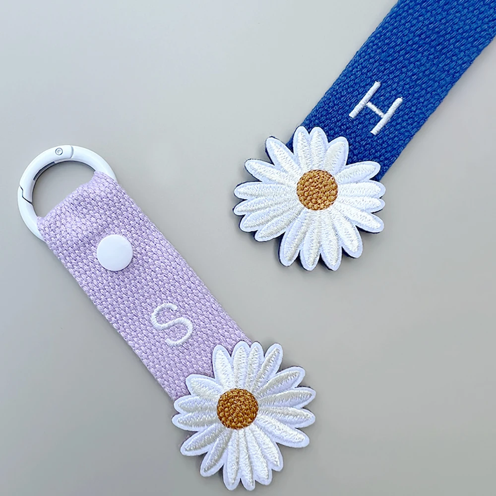 Custom Embroidered Initial Luggage Tag Keyring Webbing Keychain Kids Name Tag Flower Theme Webbing Strap For Bag Embroidery Name