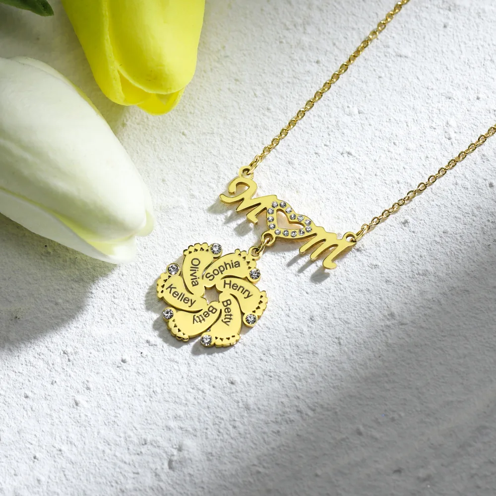 Qiuhan Stainless Steel Diy Pendant Hollow MOM Rotary Foot Custom Engraved Name Diamond Family Necklace Gift