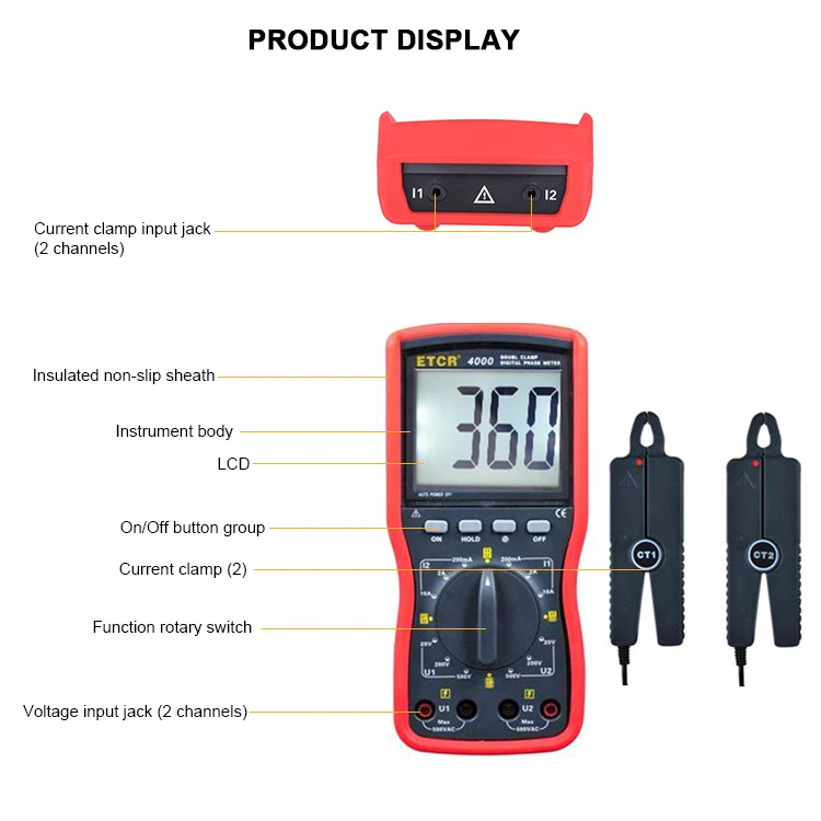 ETCR4000 Screen Angle Free Conversion Double Clamp Phase Test Equipment Voltage Multimeter