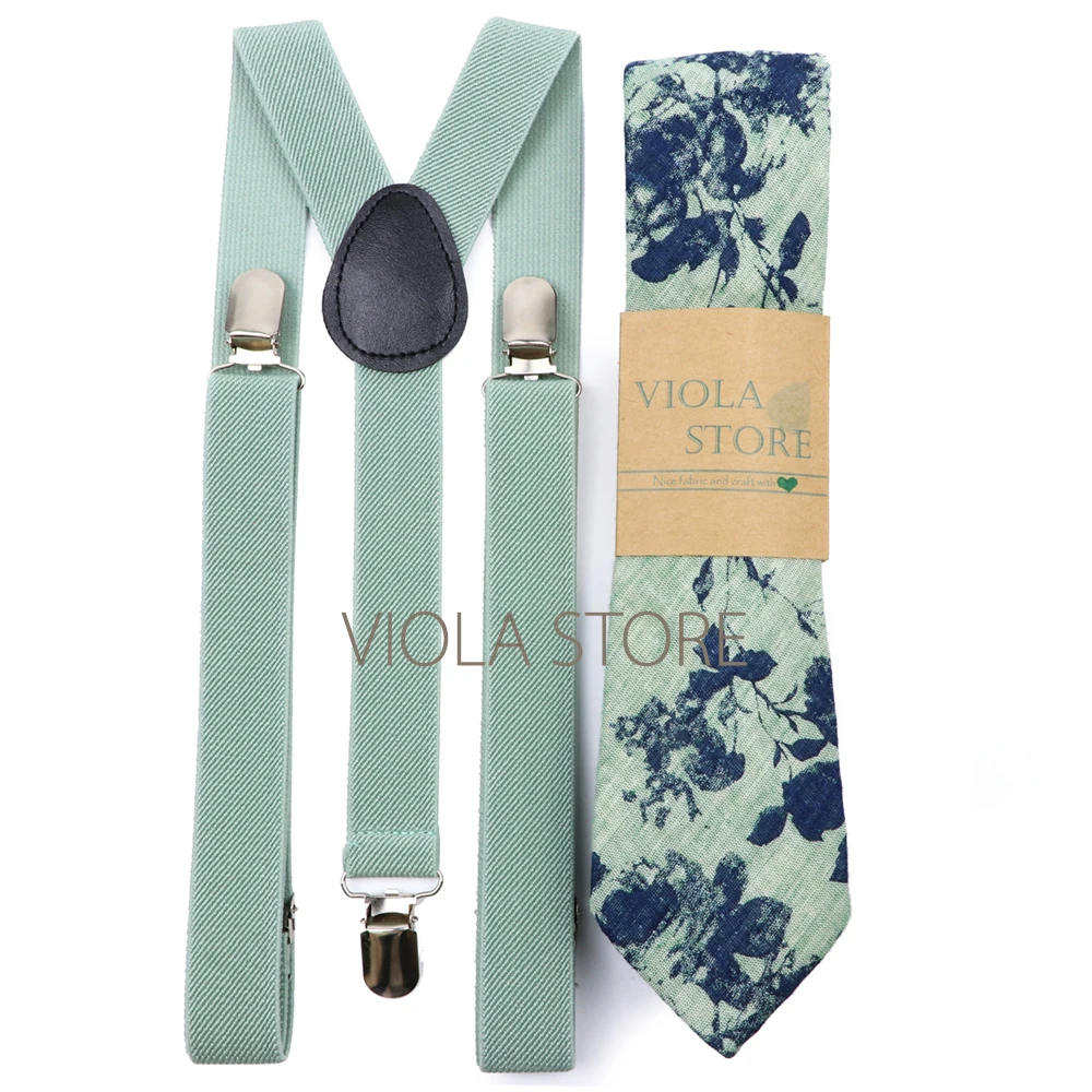 Hot Plaid Floral Sage Green 2.5cm Elastic Suspenders 6cm Tie Set Men Wedding Party Cotton Cravat Brace Adjustable Gift Accessory