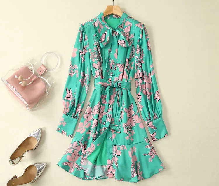 New Summer High Quality Satin Soft Fabric Bow Tie Collar Floral Print Women Mini Dress with Slash