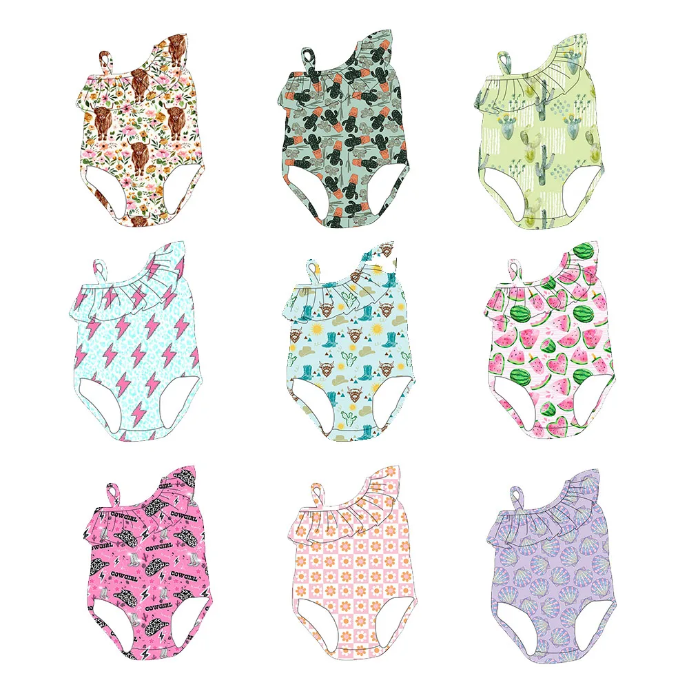 Быстросохнущая оптовая продажа новейший дизайн на заказ летние маленькие девочки бутик одно плечо подтяжки Детские купальники пляжная одежда