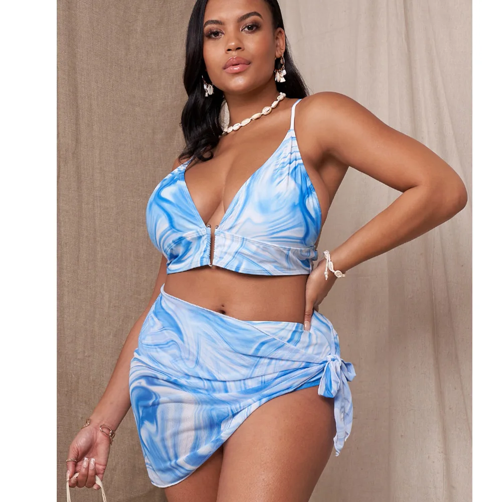 2022 summer new arrival 3 piece set bathing suits plus size 4xl tie dye swim suit high waist skirt oem swimwear for ladies
