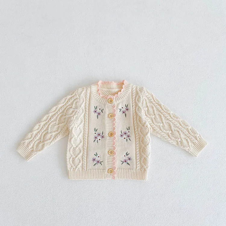Wholesale Autumn And Winter Baby Girls Sweater Embroidery Flower Cardigan 100%Cotton Kids Sweater Outwear Coat